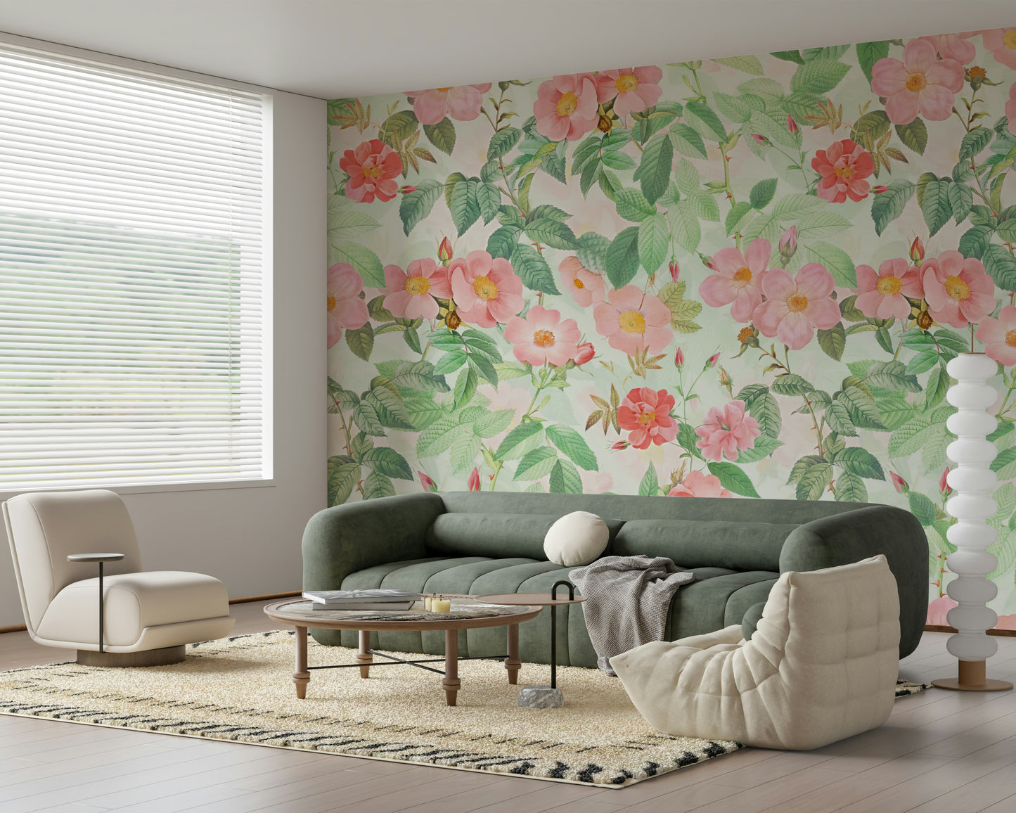 Classic Redouté Rose Wallpaper Mural – Detailed, vintage-style floral mural with lush rose blossoms and greenery.