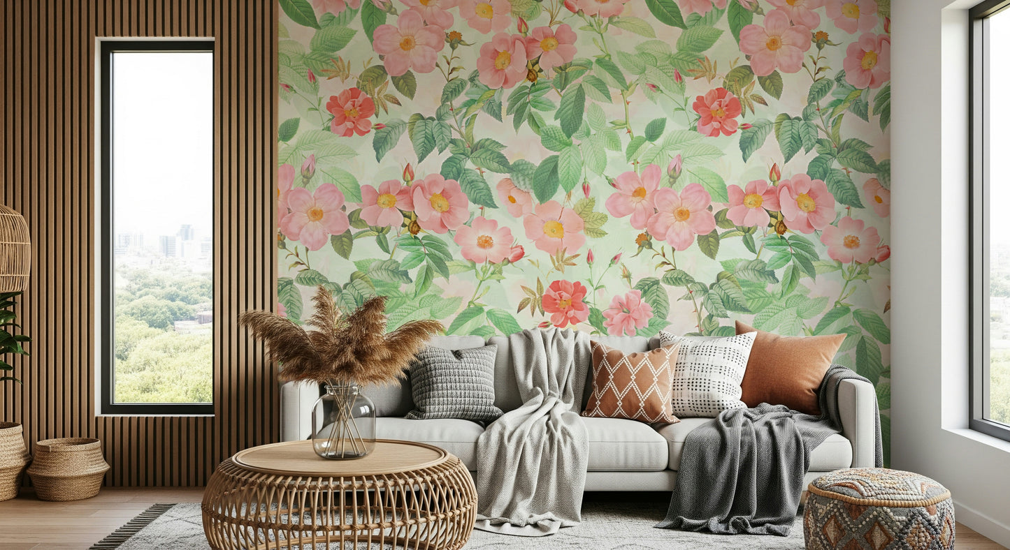 Redouté-Inspired Vintage Rose Mural – Artistic depiction of roses in soft pinks and reds, reminiscent of 18th-century botanical illustrations.