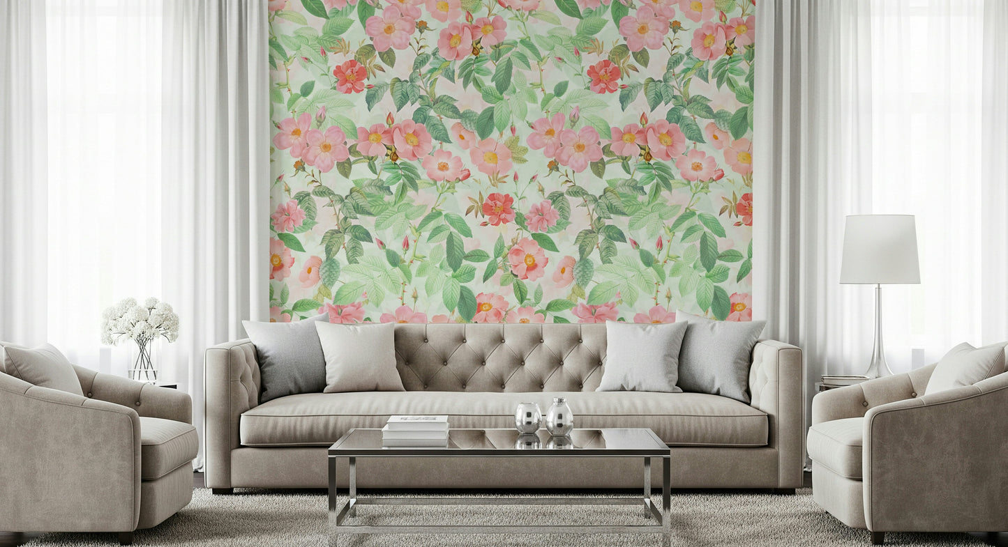 Antique Rose Garden Wall Mural – Timeless design of blooming roses inspired by Redouté’s iconic botanical prints.