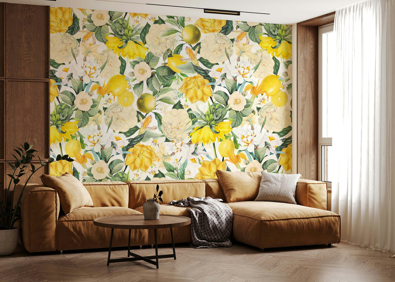 Lemon Bloom Garden Wall Mural – Vibrant mural featuring bright yellow lemons among lush green leaves and delicate blossoms.