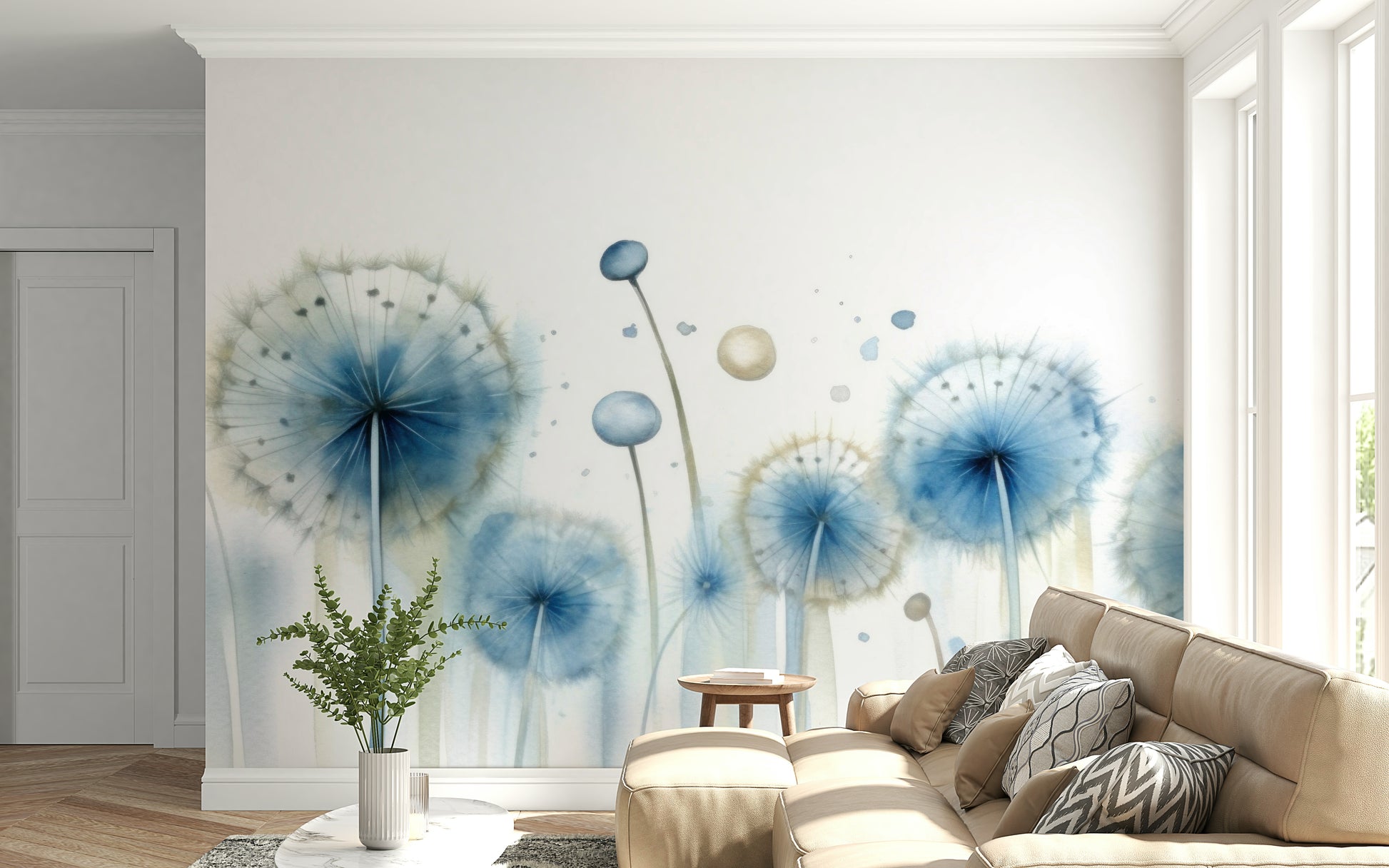 Azure Dreams Dandelion Wallpaper – Gentle nature-inspired mural with dandelion silhouettes and tranquil sky tones.