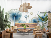 Azure Dreams: Dandelion Whispers Wall Mural – Serene blue-toned mural with delicate dandelion seeds drifting in the air.