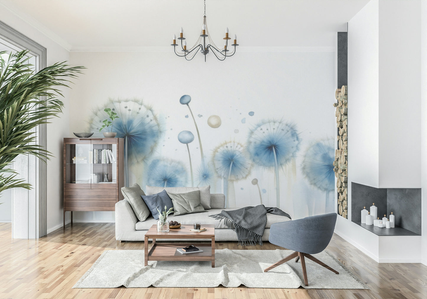 Dreamy Dandelion Seeds Wall Mural – Peaceful wall art with floating white dandelions over a misty blue backdrop.