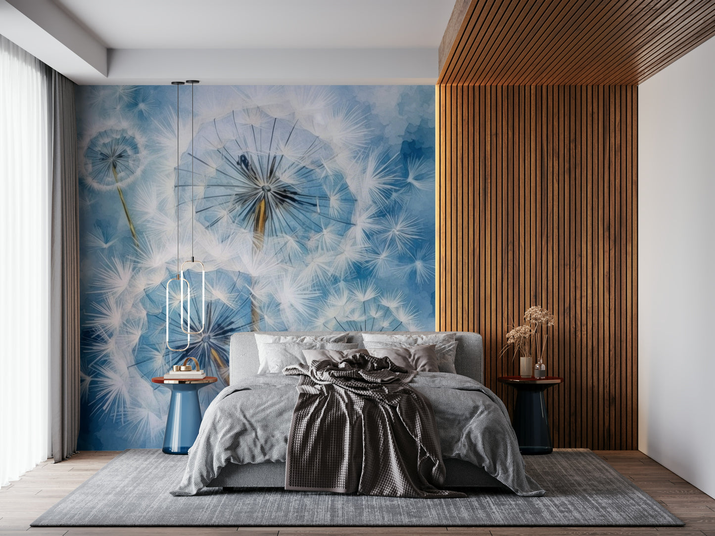 Dandelion Dreams Wallpaper – Artistic scene of blooming dandelions with airy, floating seeds in a tranquil atmosphere.