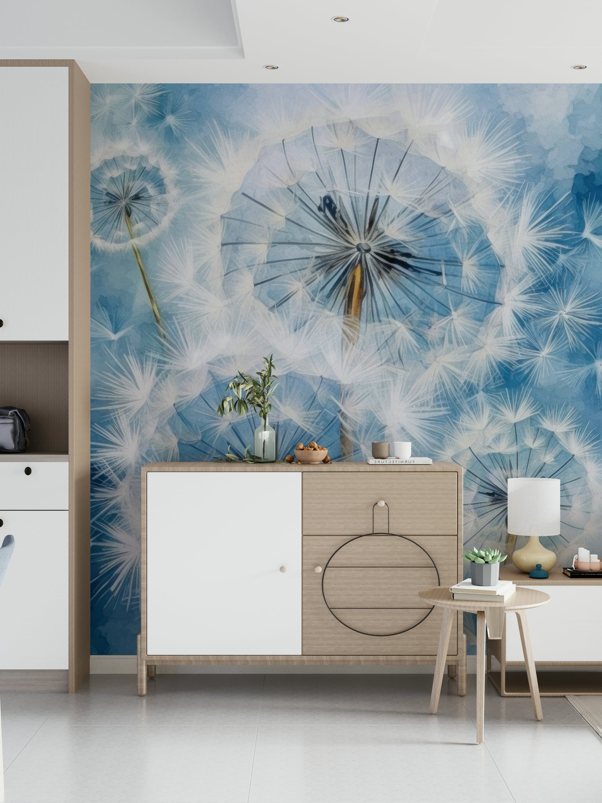 Pastel Dandelion Field Wall Mural – Light, ethereal dandelion design evoking dreams, nature, and peaceful simplicity.
