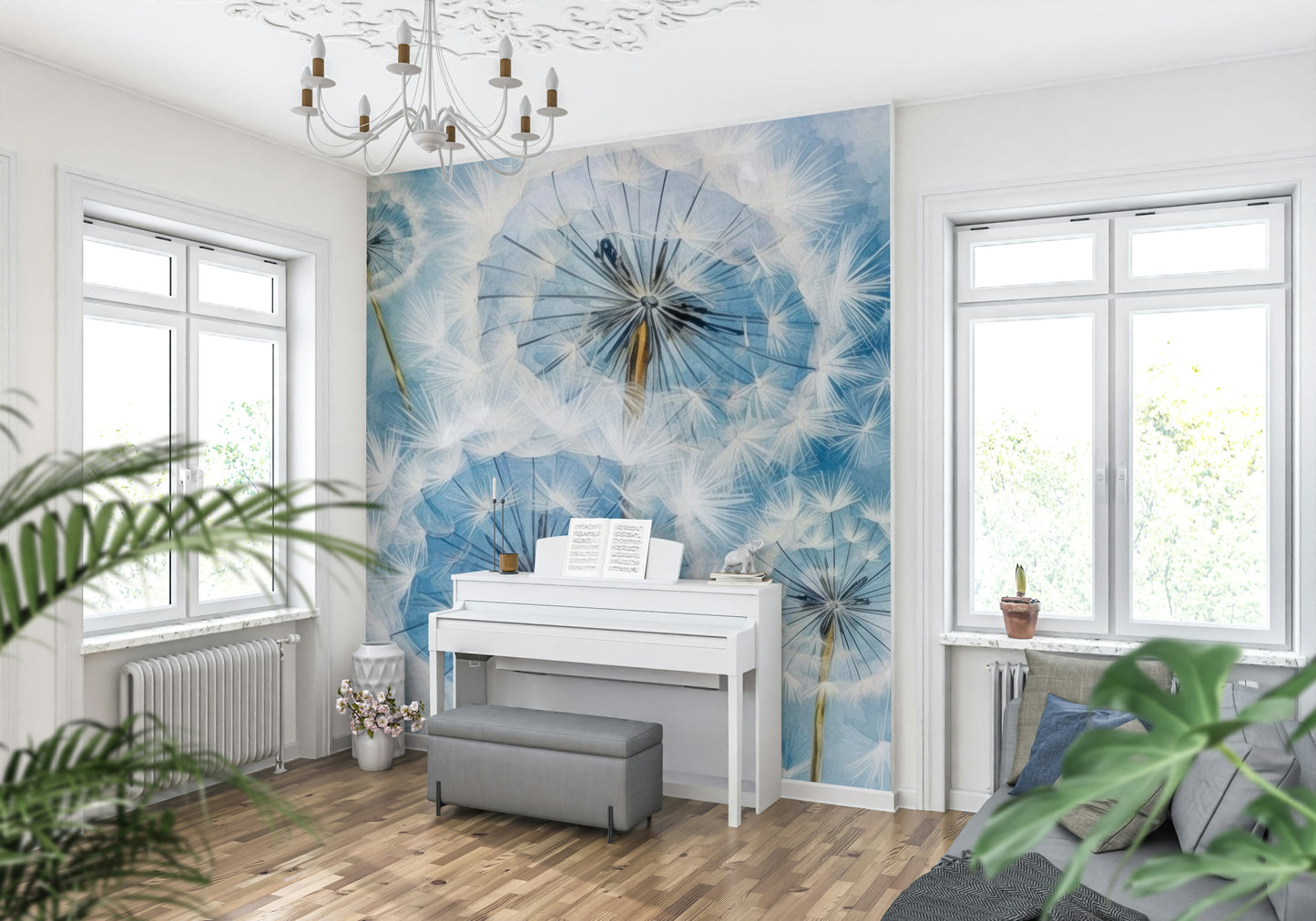 Dandelion Seed Flow Wall Mural – Minimalist floral design with delicate white dandelion heads and softly blurred background.