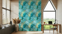 Gilded Aqua Dreams Marble Wallpaper – Elegant aqua marble design with flowing gold veins and luxurious stone texture.