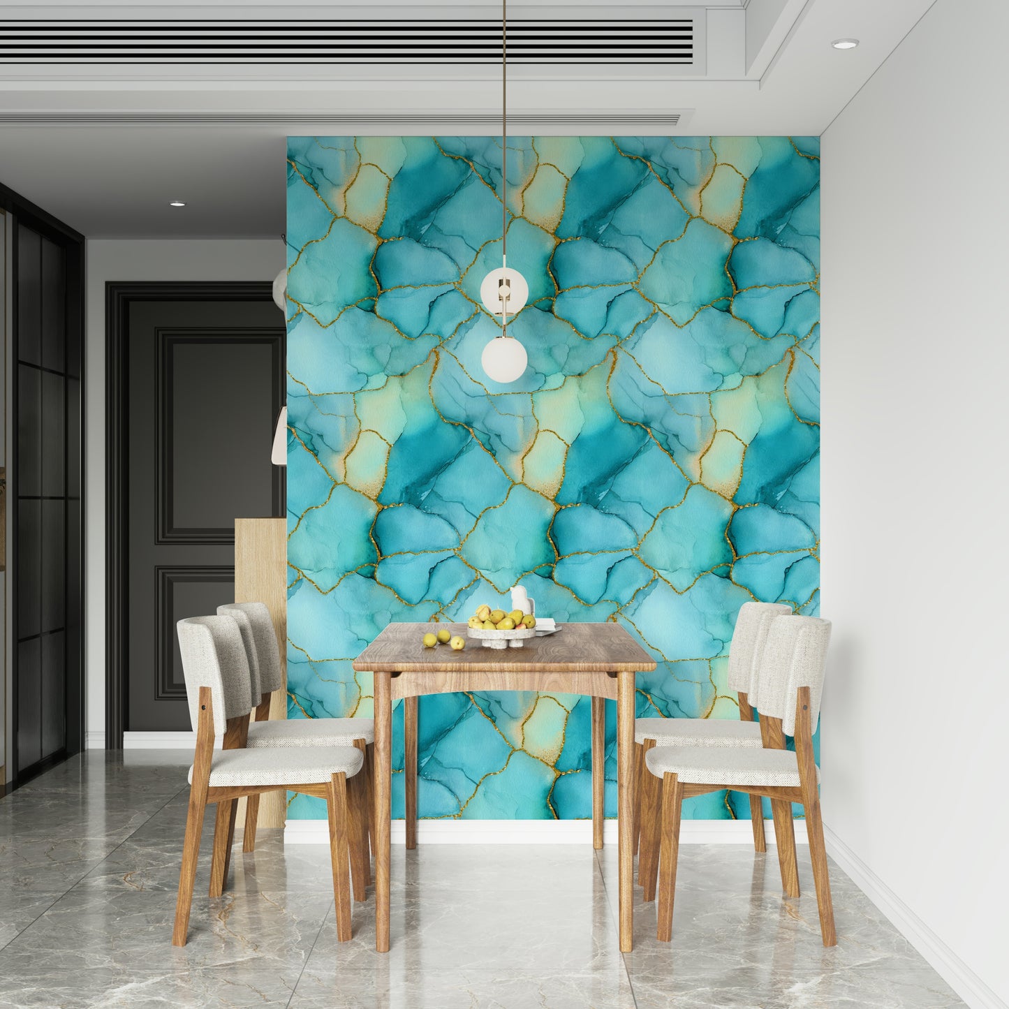 Luxury Gilded Aqua Marble Wallpaper – Opulent aqua marble texture featuring shimmering gold accents and fluid patterns.