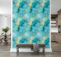 Gilded Marble Wall Mural in Aqua Tones – Artistic marble-style wallpaper combining oceanic blues and metallic gold touches.