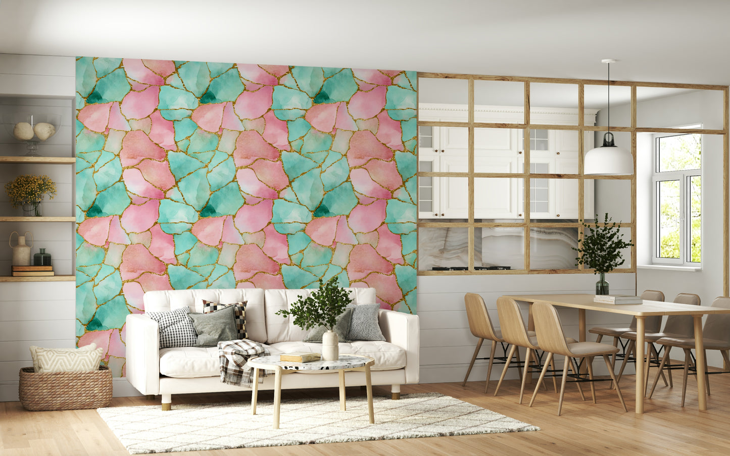Luxurious wall covering with gilded gold details over pink and turquoise waves