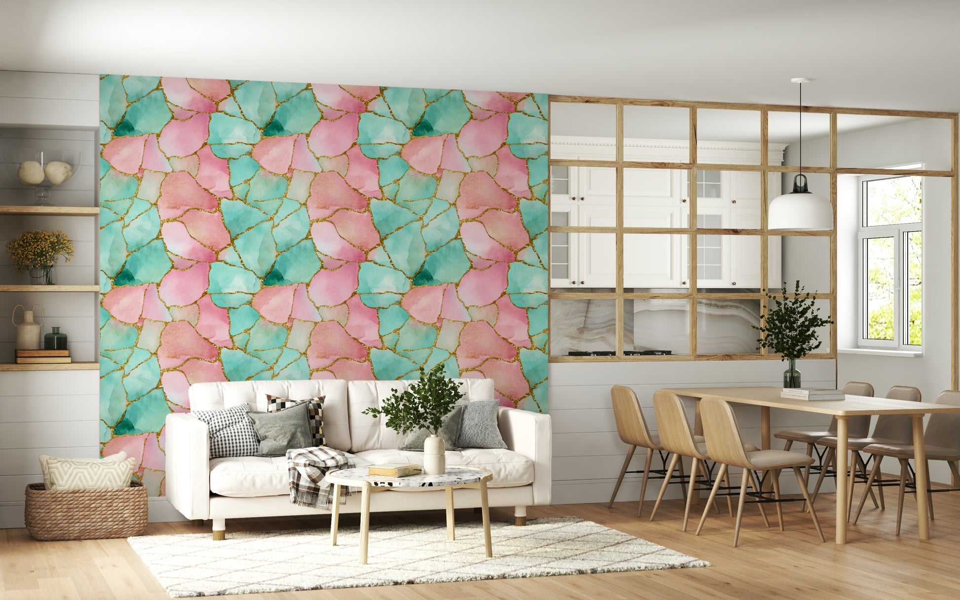 Luxurious wall covering with gilded gold details over pink and turquoise waves