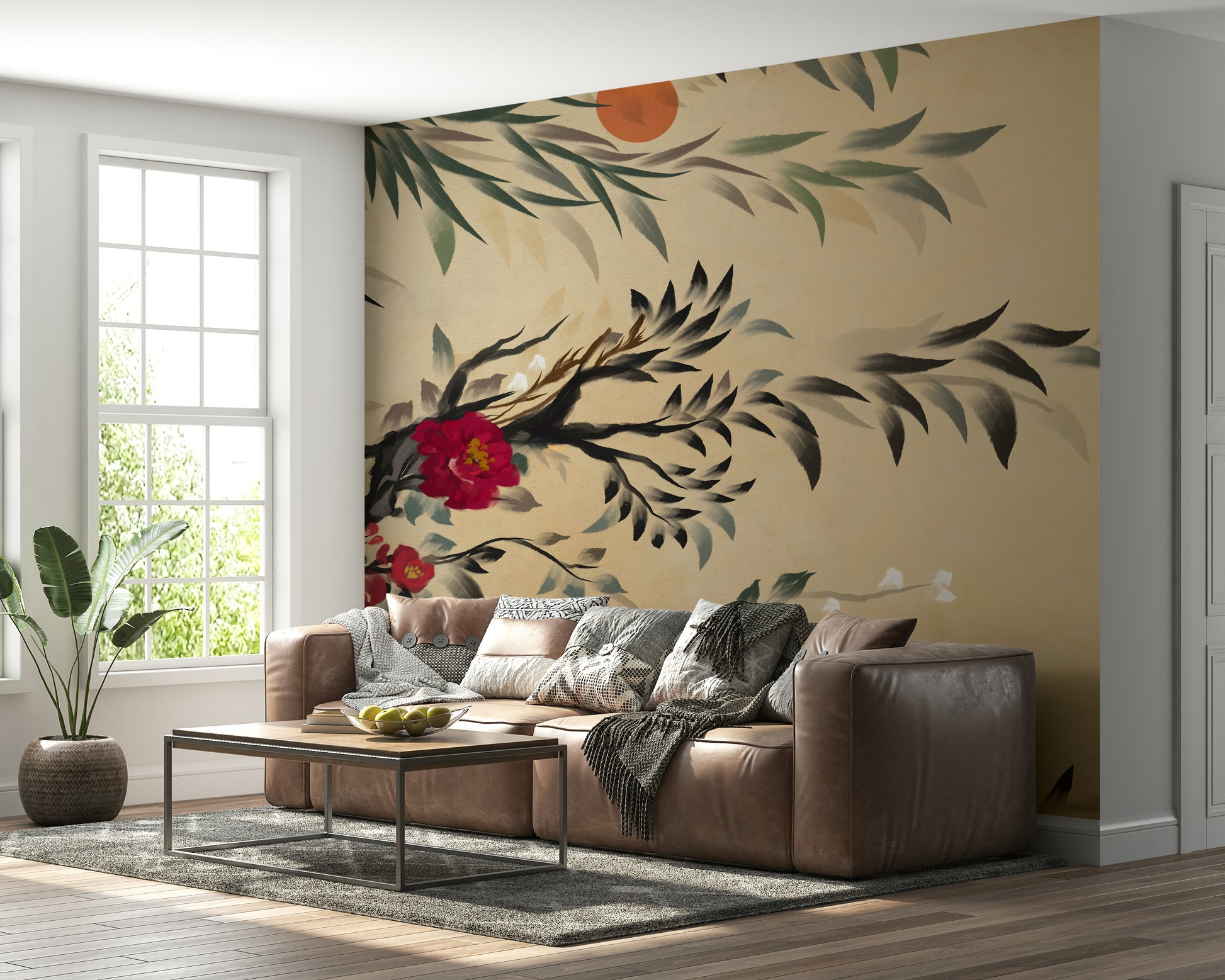 Joseon-style wall mural with intricate blossoms and folk art motifs