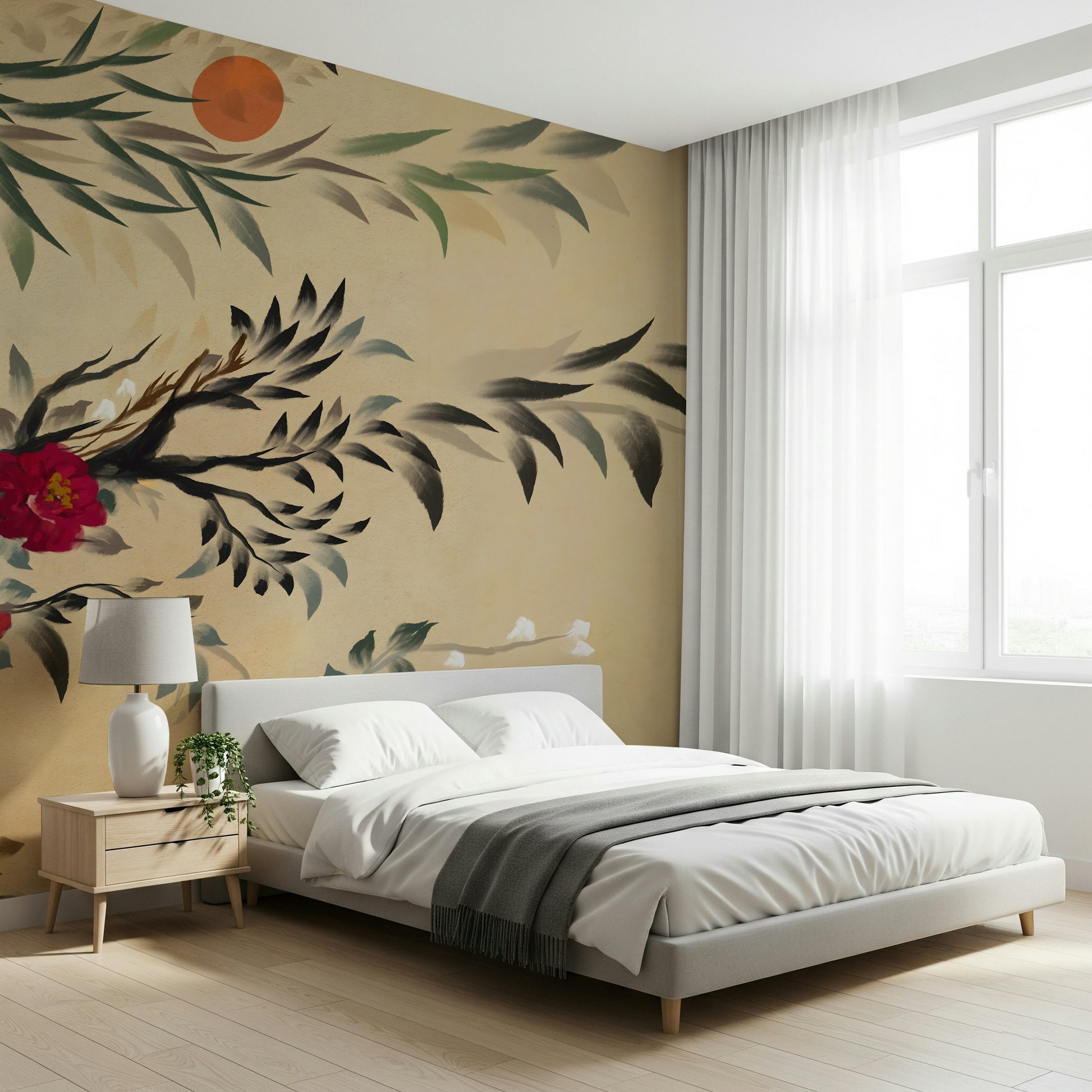 Sophisticated wall mural blending Joseon dynasty aesthetics with floral motifs