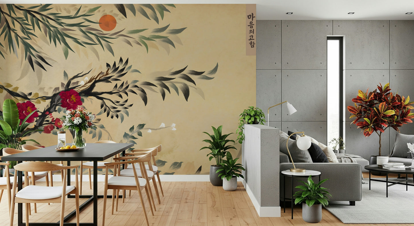 Traditional Korean floral mural inspired by historical folk paintings