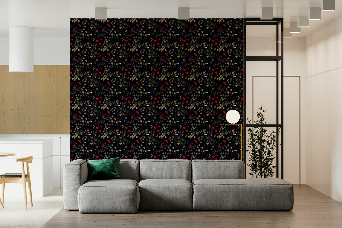 Vibrant wallpaper with intricate dark garden patterns and botanical details
