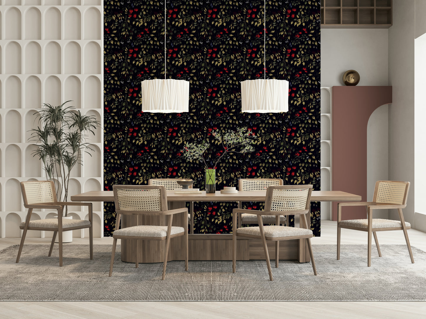 Nature-inspired wall mural with dramatic blooms in noir palette