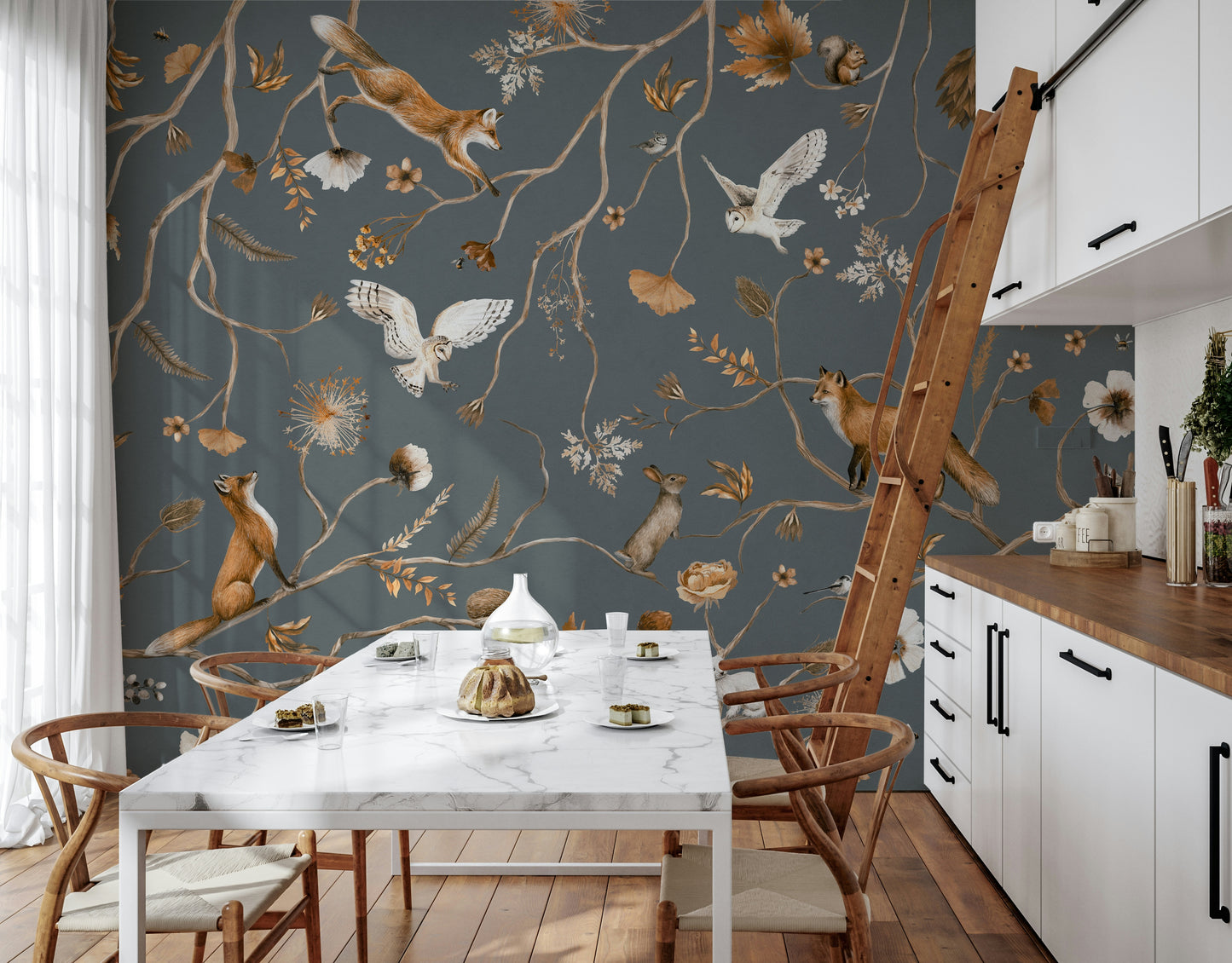 Enchanted forest wall art with foxes, owls, and deer among trees