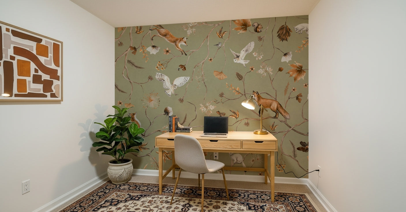 Whimsical wall art depicting a tree-lined path with autumn foliage