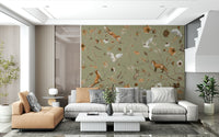 Lush fall landscape mural with golden leaves and forested scenery