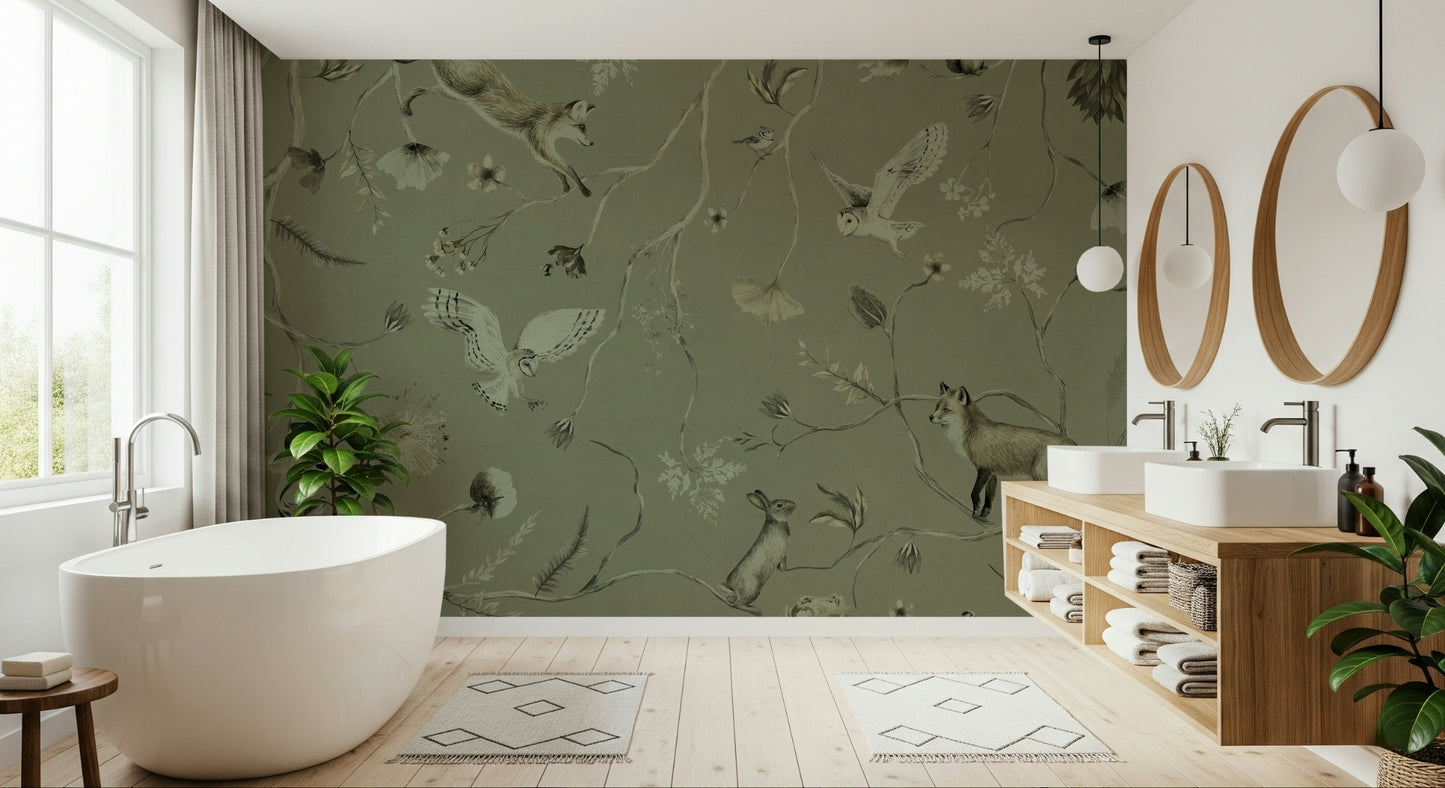 Woodland-themed wall covering with subtle lighting and natural textures