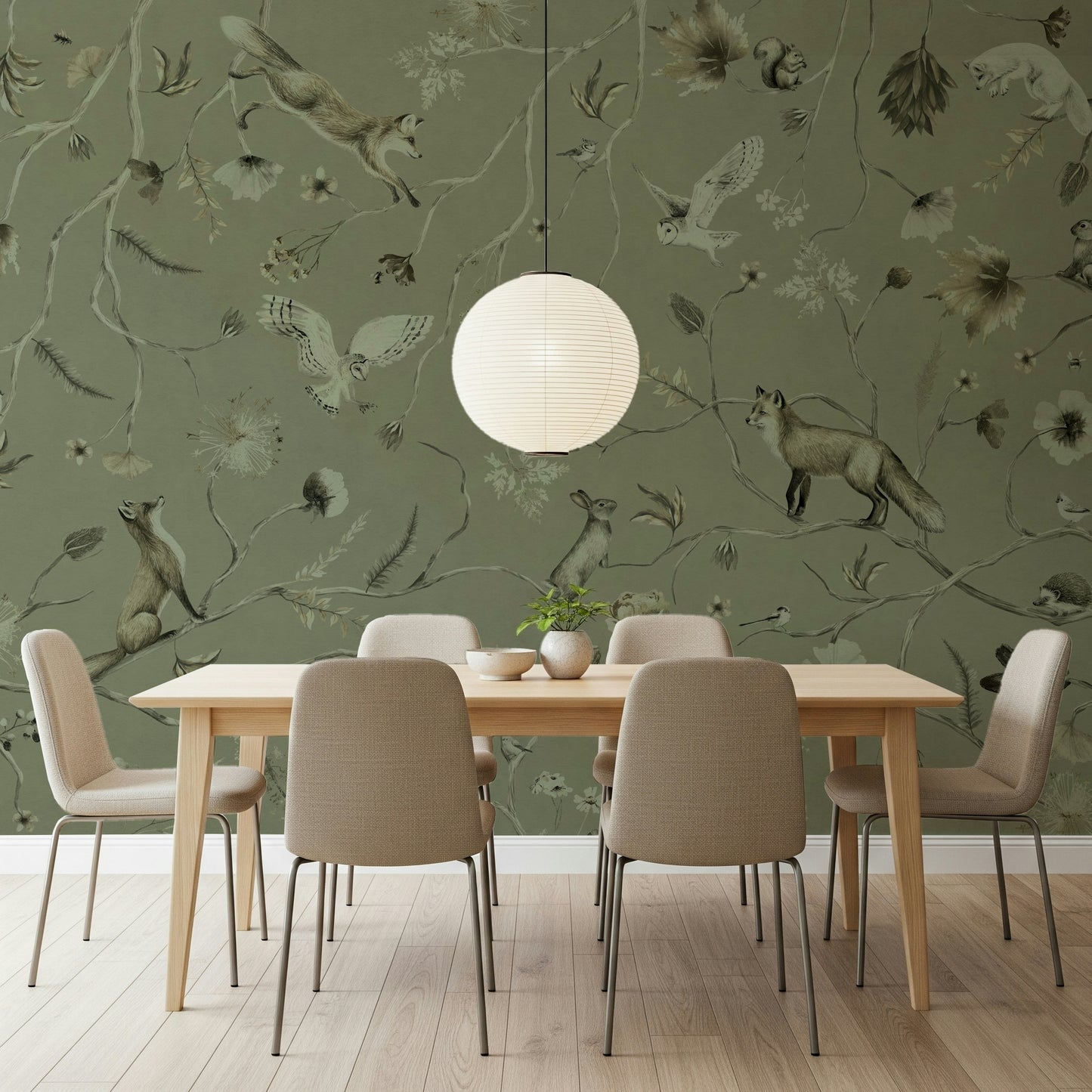 Elegant woodland mural with trees, greenery, and peaceful forest ambiance