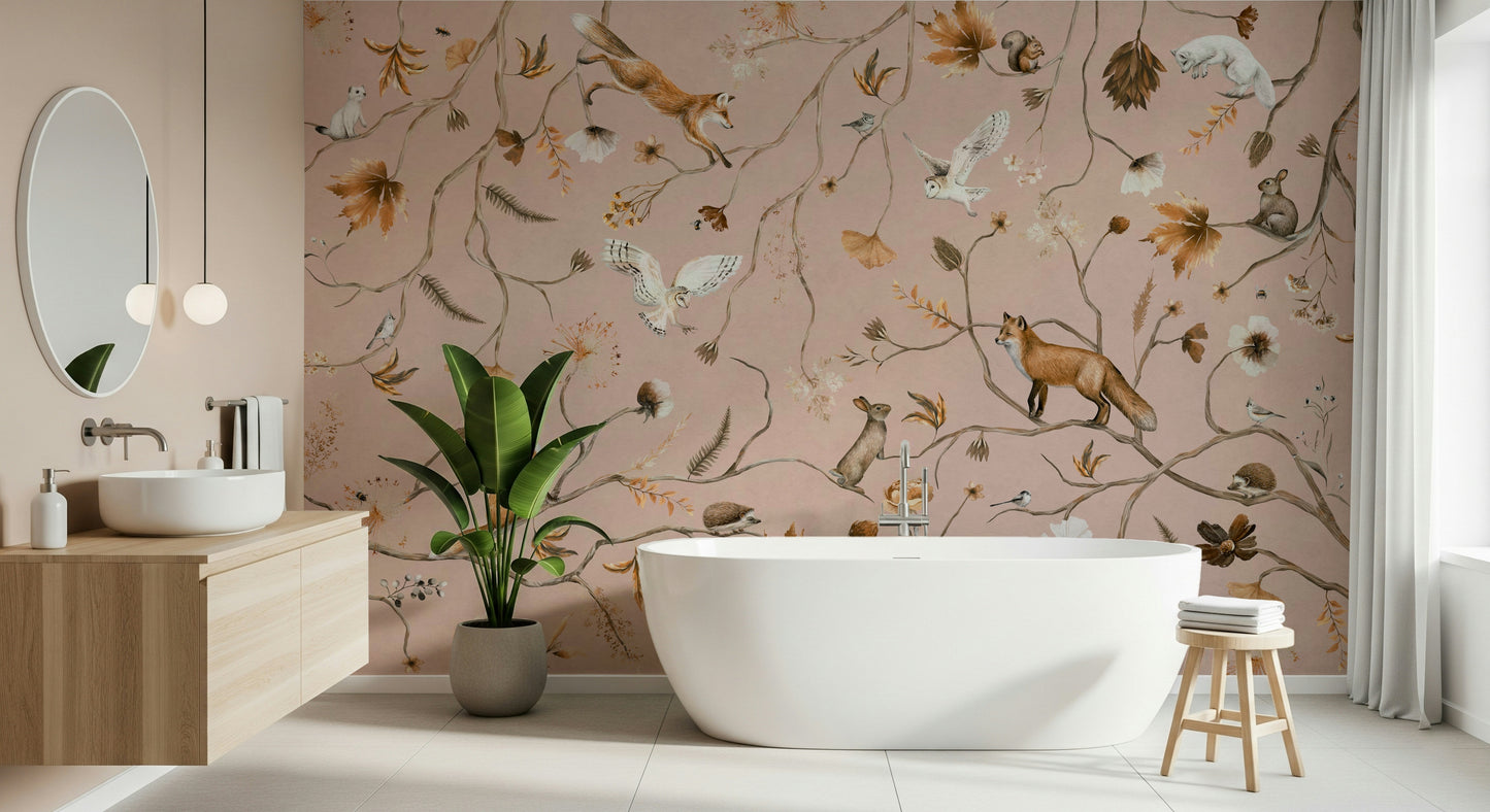 Lush forest wall mural depicting friendly animals in a whimsical setting