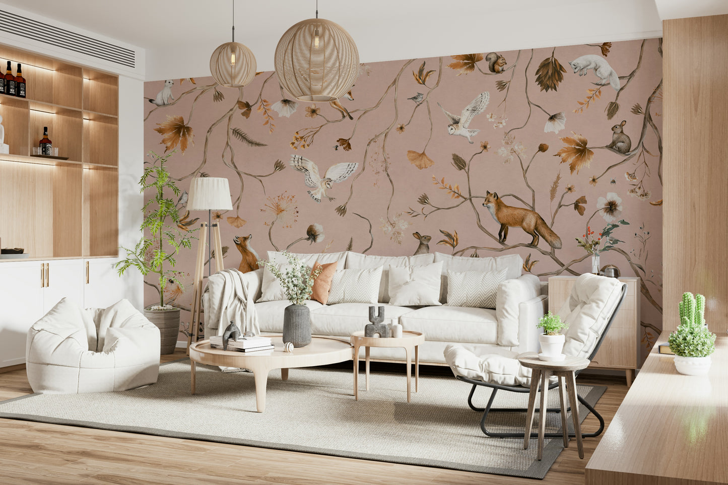 Charming wall art with deer, foxes, and rabbits in a magical forest scene