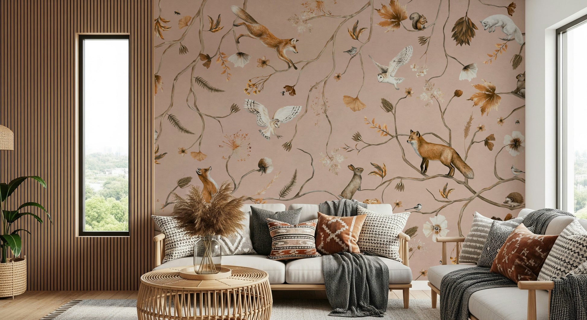 Artistic wall covering blending forest wildlife with a fable-inspired design