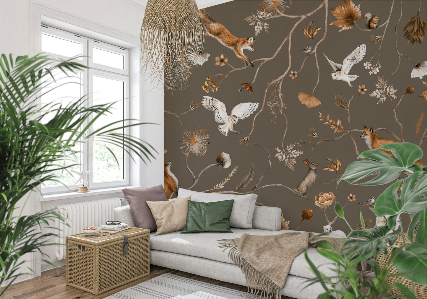 Decorative forest mural featuring foxes, owls, and deer among trees