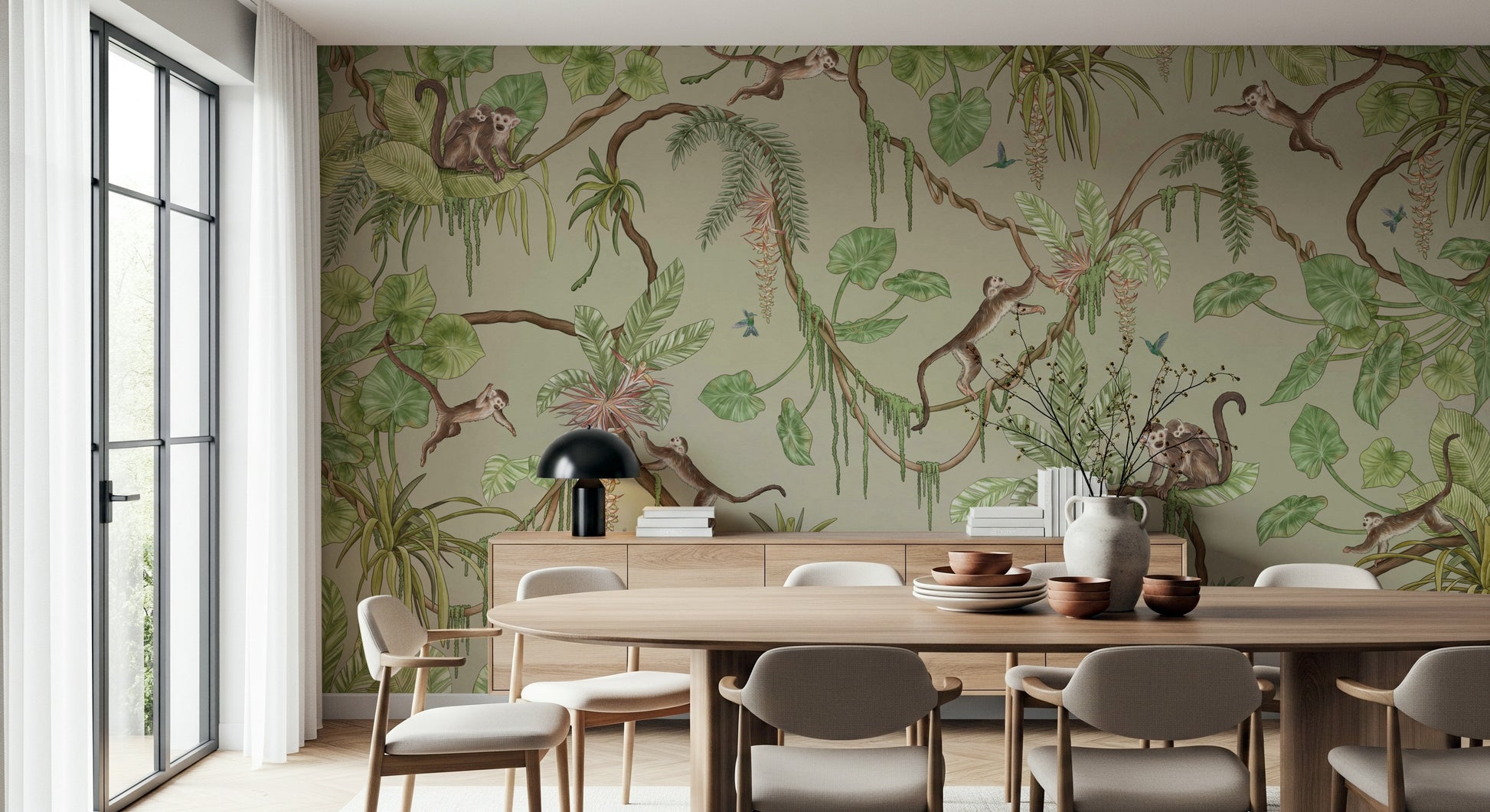 Nature-inspired mural featuring lively wildlife in a dense jungle