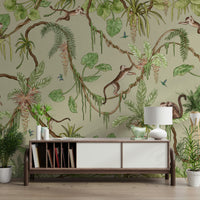 Whimsical mural of exotic animals exploring a lush jungle environment
