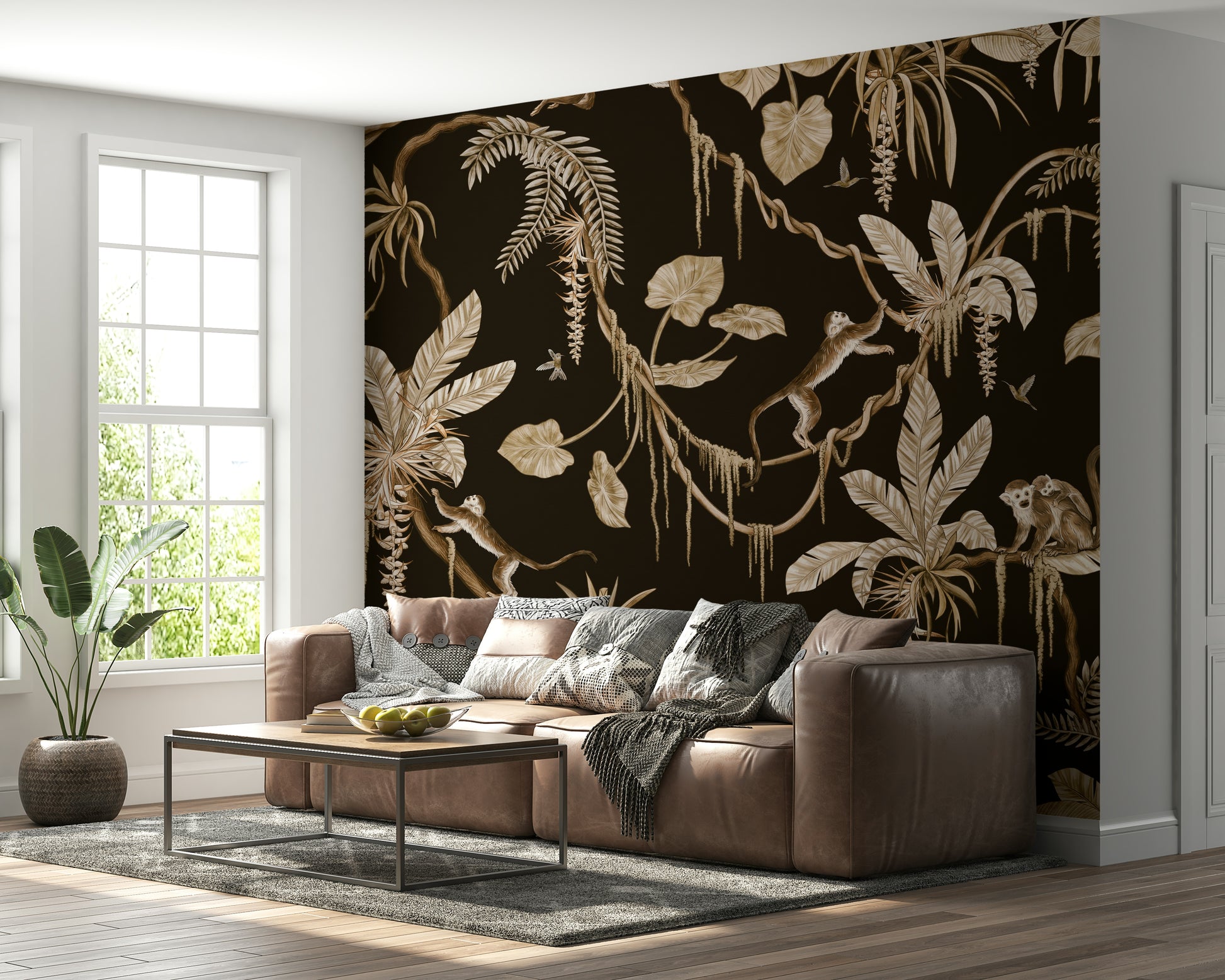 Jungle canopy mural depicting layers of leaves, vines, and tropical plants