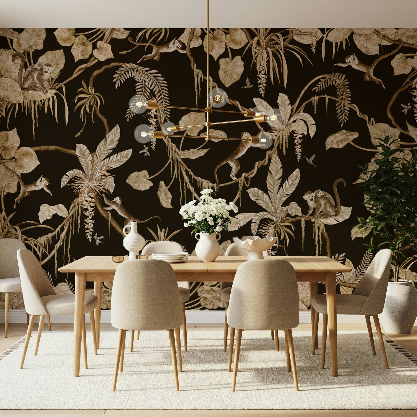Artistic mural of a serene tropical forest with layered tree canopies