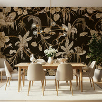 Artistic mural of a serene tropical forest with layered tree canopies