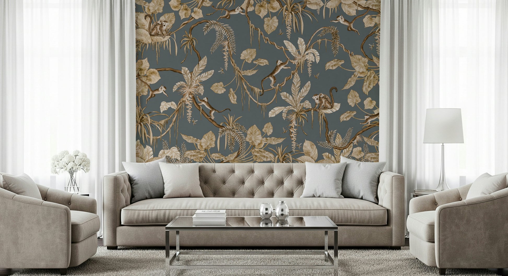 Jungle mural depicting animals exploring flowering trees and vines