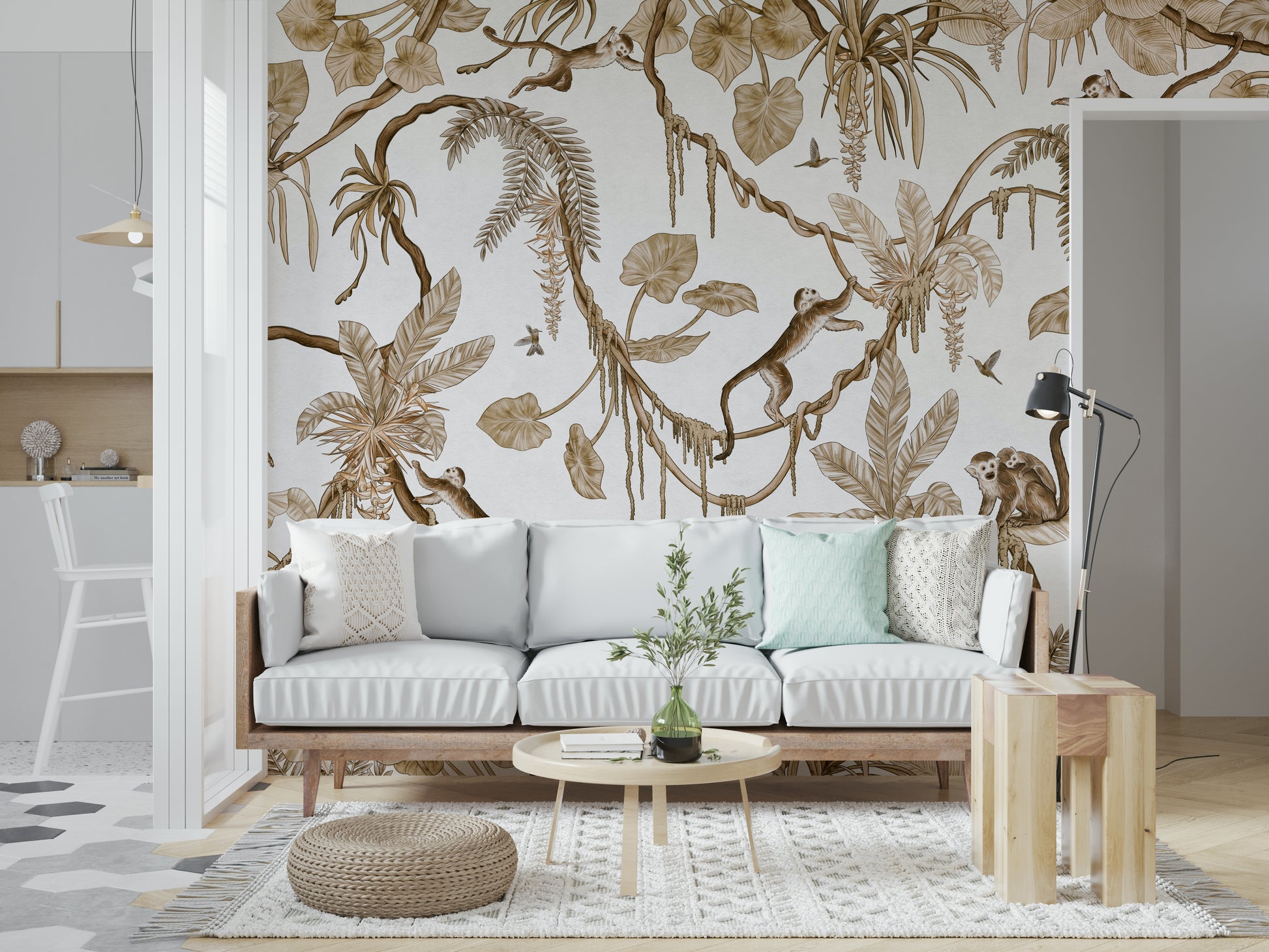 Artistic wall mural blending monkeys and tropical plants in a serene scene