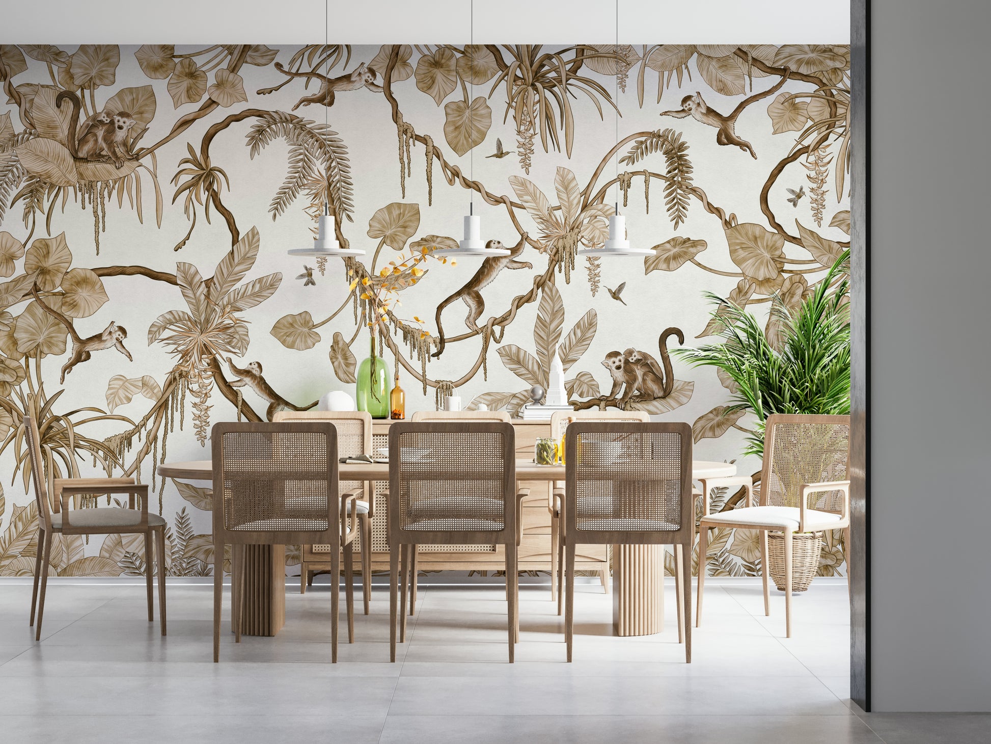 Jungle and nature-themed wall art of playful monkeys in lush greenery