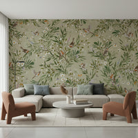 Charming mural of songbirds surrounded by vibrant floral patterns.
