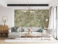 Detailed mural showing birds interacting with vibrant garden blooms