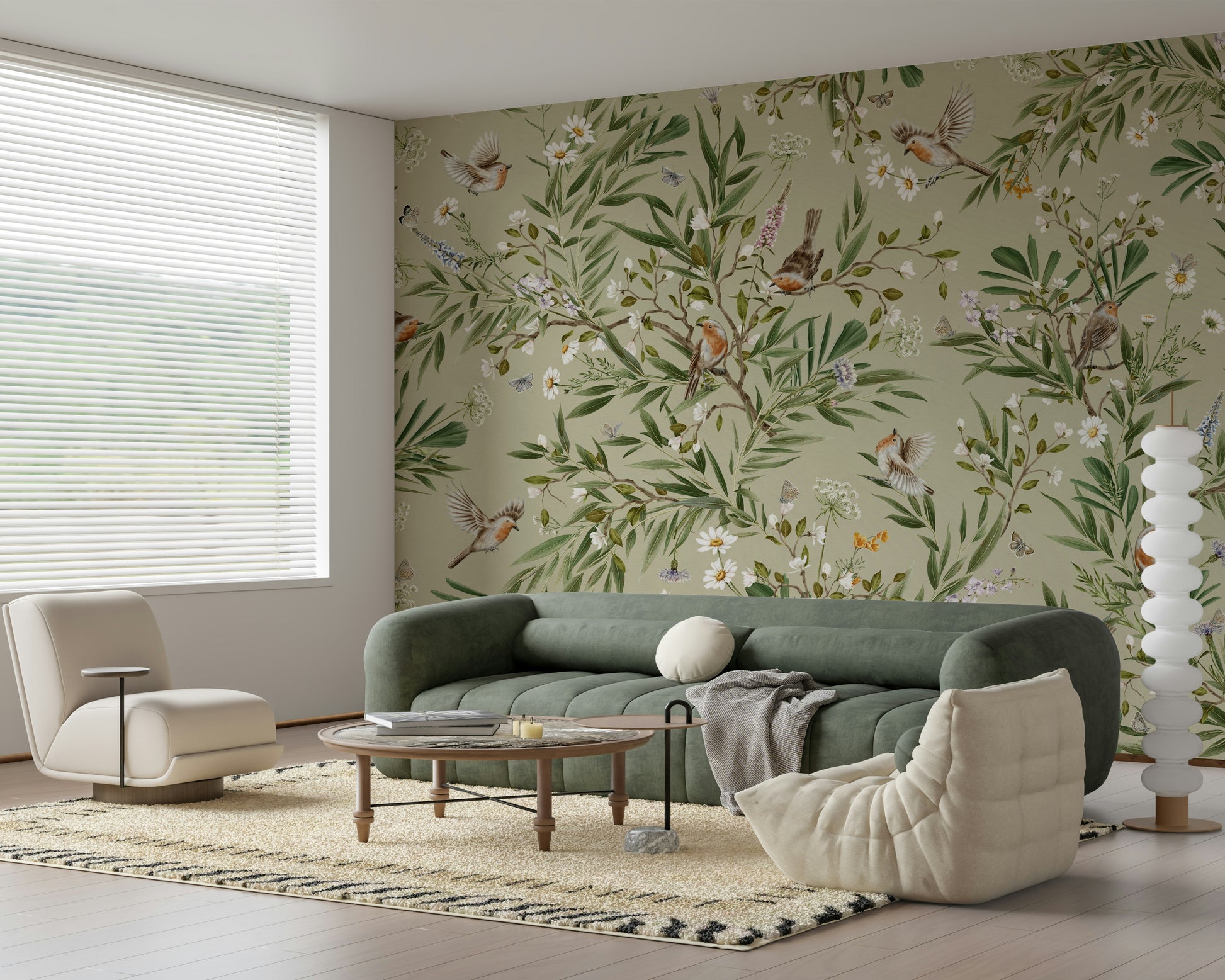Whimsical wall mural with birds in flight over blooming foliage