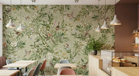 Vibrant wall mural featuring colorful birds perched among blooming flowers