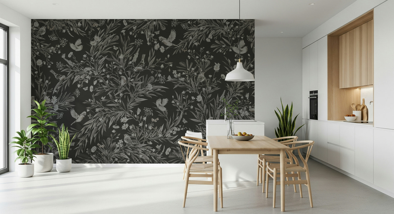 Elegant wall mural featuring night-time birds perched among blooming flowers