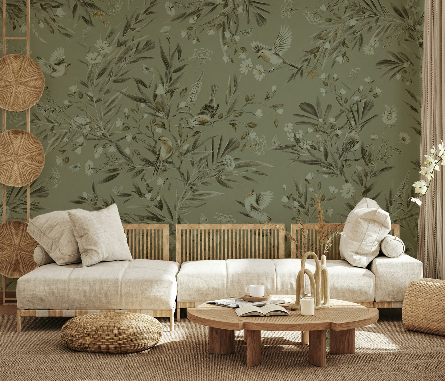 Lush botanical wall art featuring birds harmoniously integrated into foliage.