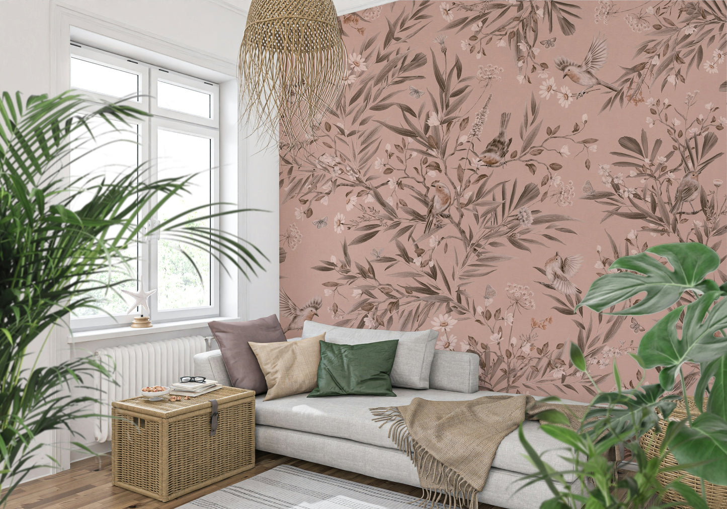 Soft botanical mural with birds perched on delicate flowers and branches