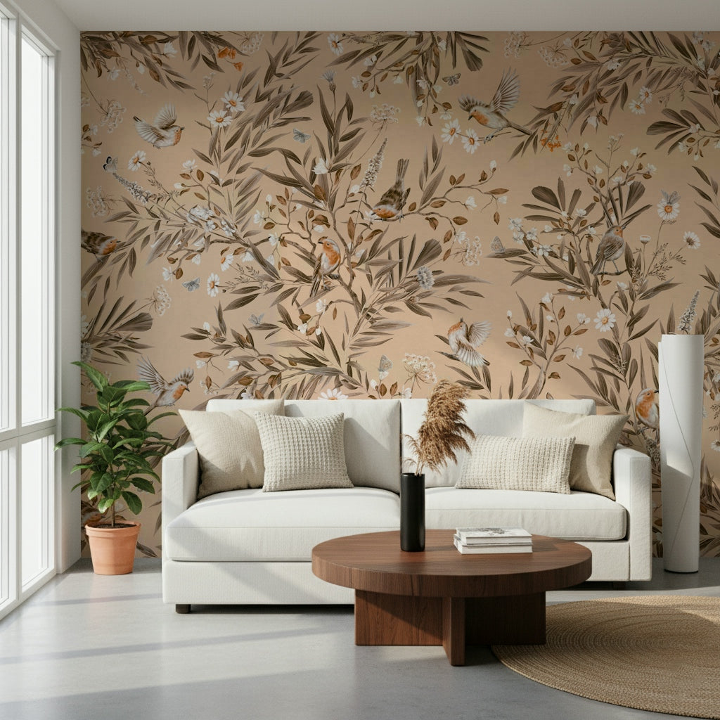 Charming wall mural of birds chirping amidst vibrant flowers and leaves