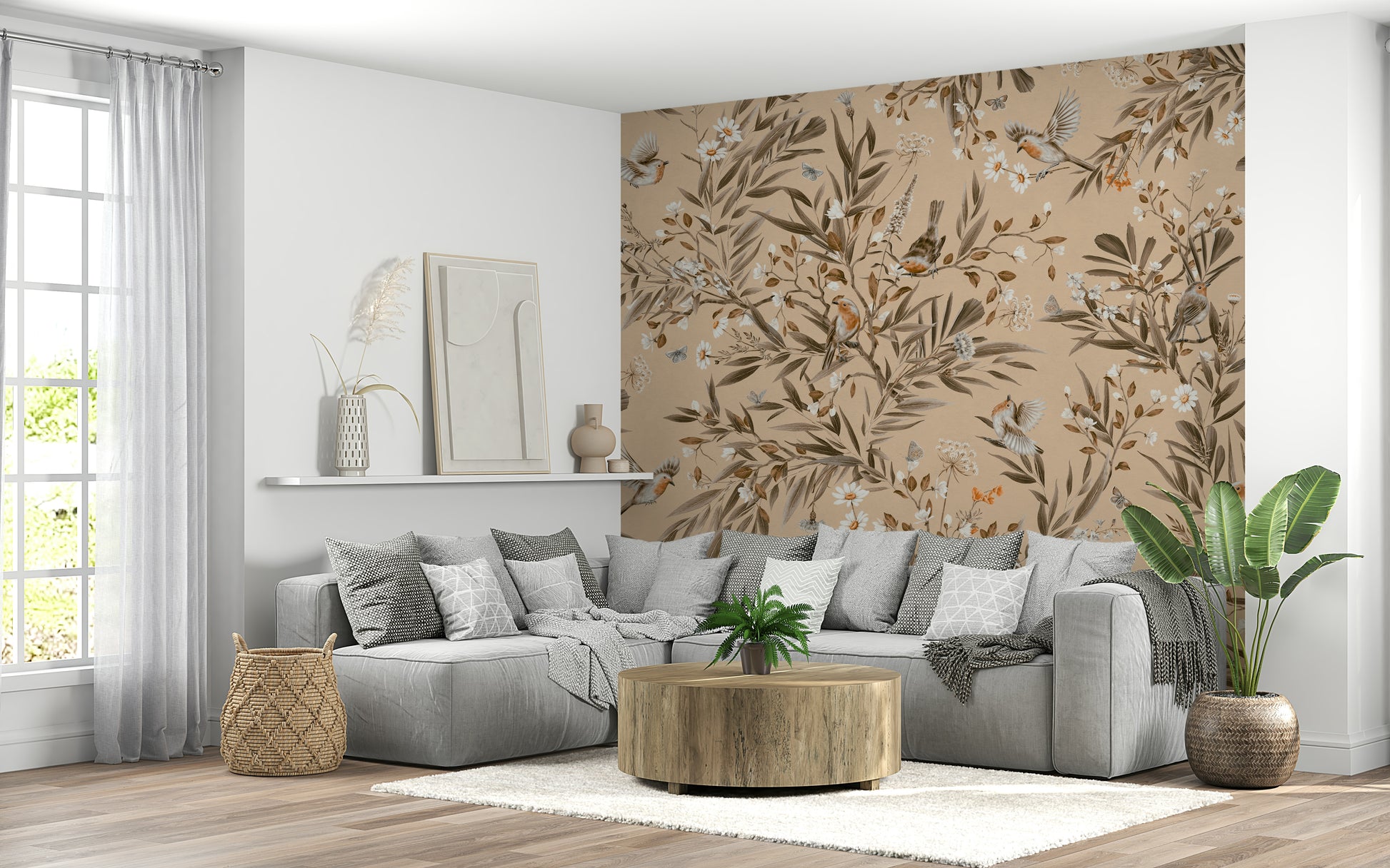 Serene wall art of birds perched on branches among flowering plants.