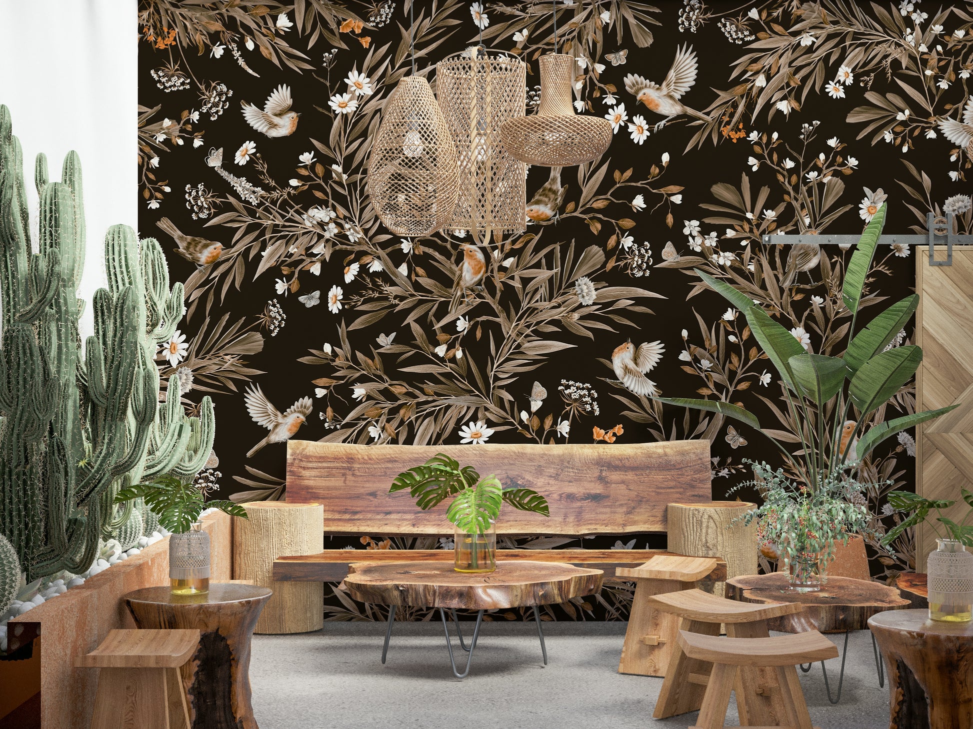 Charming mural with watercolor songbirds perched amid blooming flowers.