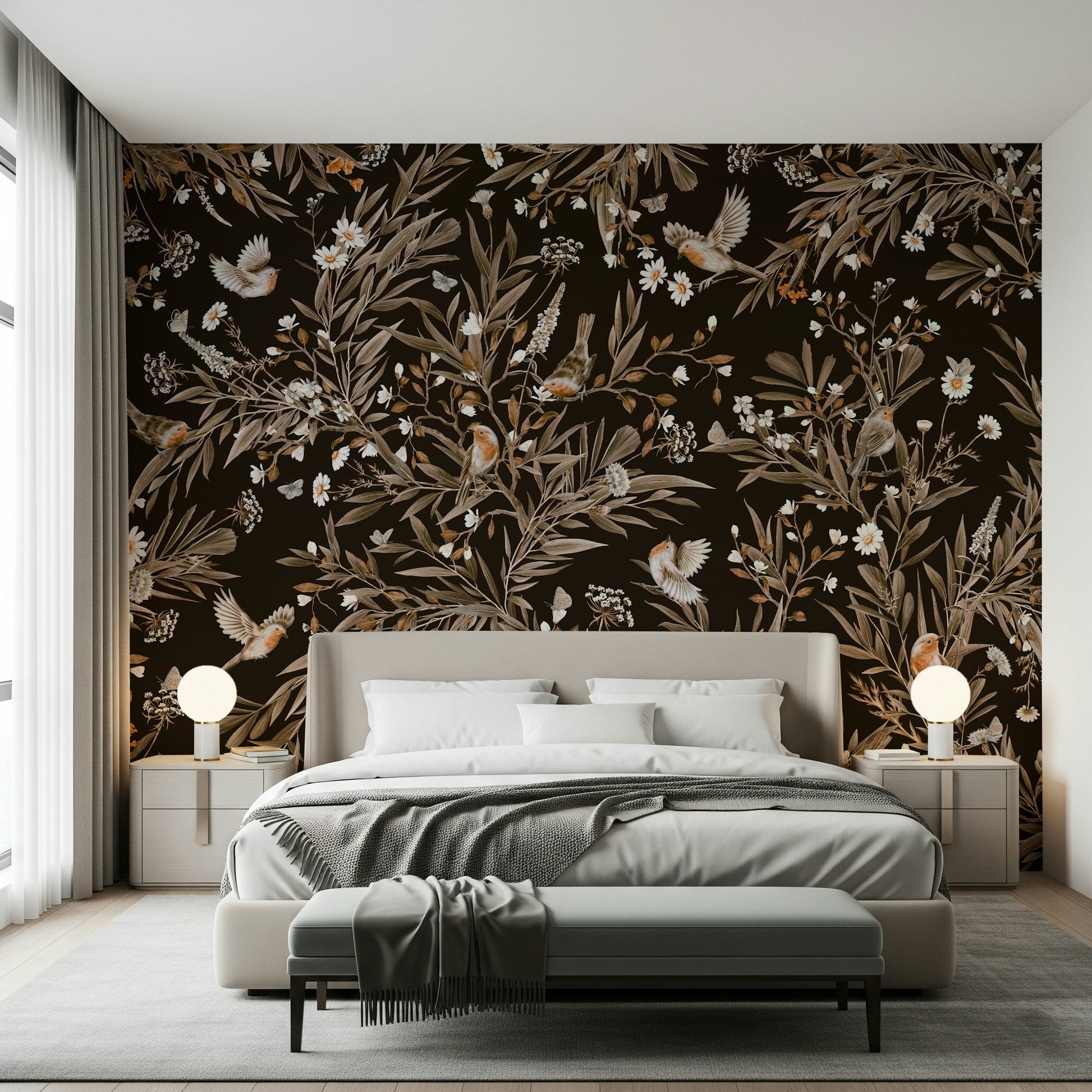 Soft, soothing wall mural of songbirds and blossoms in natural harmony.