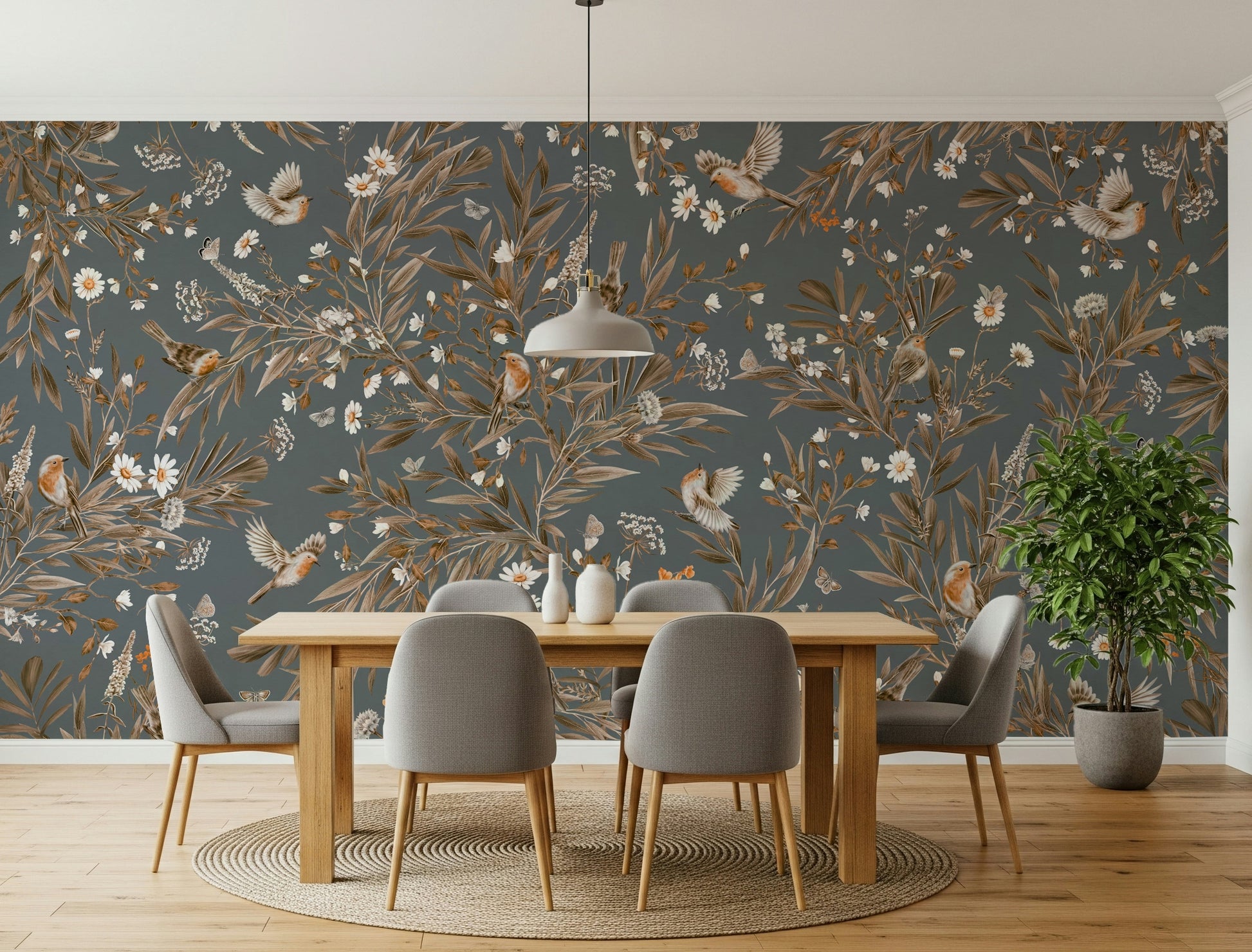 Nature-inspired mural capturing birds and flowers in tranquil balance and beauty