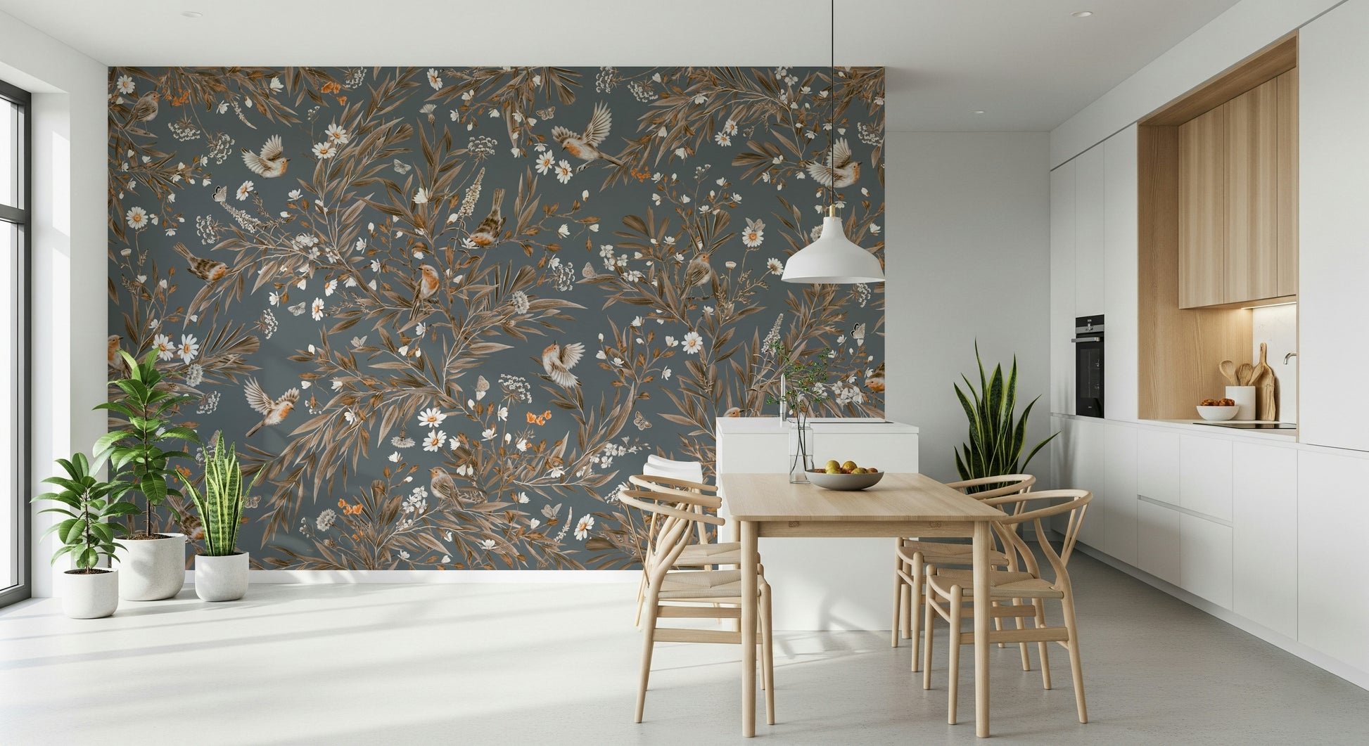 Romantic wall mural with birds and blossoms creating a harmonious nature theme.